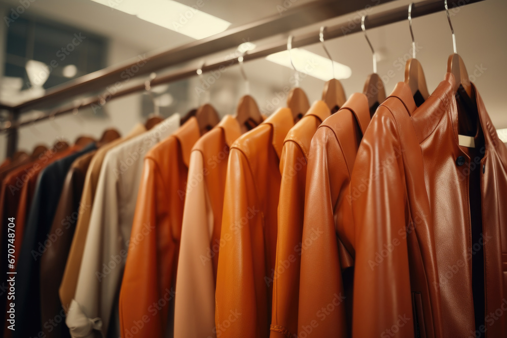 A row of leather jackets hanging on a rail. Perfect for fashion-themed projects or showcasing different styles of outerwear A row of leather jackets hanging on a rail. Perfect for fashion-themed projects or showcasing different styles of outerwear