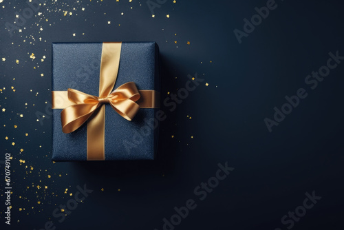 A blue gift box with a gold bow, perfect for any occasion. This image can be used to represent gift-giving, celebrations, surprises, and special occasions