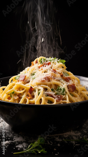 Delicious pasta and spaghetti with tomato sauce, basil, and cheese, served as a healthy Italian meal with beacon. Carbonara hot steaming on black background.
