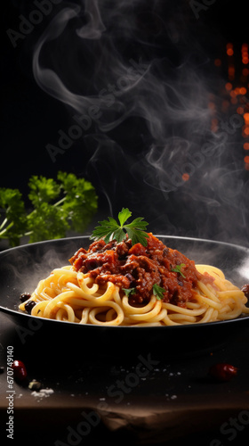 spaghetti with tomato sauce on black restaurant background