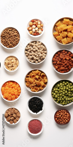 A collection of bowls filled with a variety of nuts. This image can be used to depict a healthy snack option or for illustrating the concept of different nut flavors.