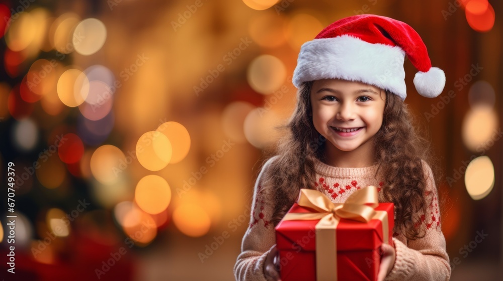 Happy caucasian child in santa hat holding christmas present Happy caucasian child in santa hat holding christmas present