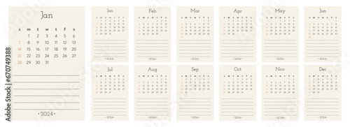 Monthly сalendar 2024 template. Starts on Sunday.
