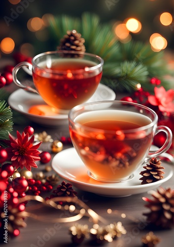 Glowing Tea Bliss, Christmastime cuppa, Festive holiday drinks, Seasonal beverages, Yuletide self care, Christmas herbal teas in glass cups with saucers