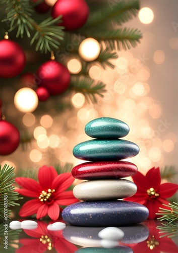 Seasonal Equilibrium, Colorful Christmas Cairn, Balanced Stones for Holiday Bliss, Festive Spa greeting card idea, End of Year self care, bokeh background