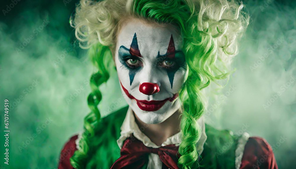 Photography of an ultra realistic woman joker in dramatic ight fog