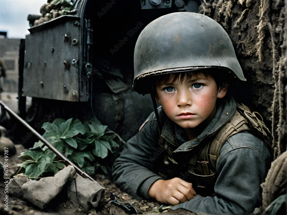 Young Boy Seeking Refuge from the Horrors of War. generative AI