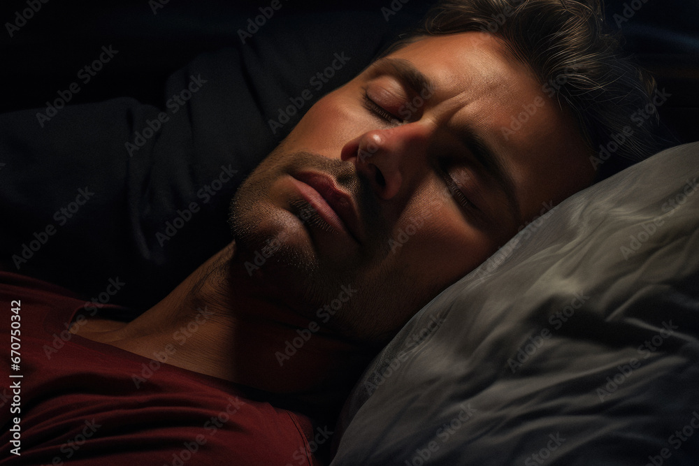 Close-up of a man is sleeping face in a darkened bedroom - obrazy, fototapety, plakaty 