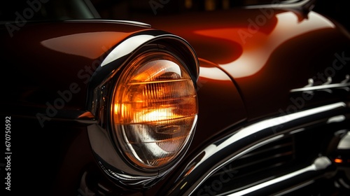 a top-tier car's headlight, with a hint of evening ambiance
