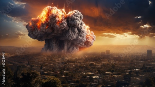 Nuclear explosion on the background of the city. Nuclear explosion of atomic bomb in a nuclear war. Smoke and explosion in the shape of a mushroom. Catastrophe, Apocalypse.