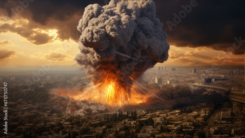 Nuclear explosion on the background of the city. Nuclear explosion of atomic bomb in a nuclear war. Smoke and explosion in the shape of a mushroom. Apocalypse. Catastrophe.