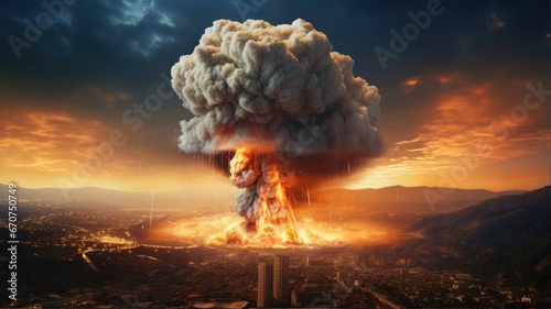 Nuclear explosion on the background of the city. Nuclear explosion of atomic bomb in a nuclear war. Smoke and explosion in the shape of a mushroom. Catastrophe.
