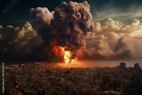 Nuclear explosion on the background of the city. Nuclear explosion of atomic bomb in a nuclear war. Smoke and explosion in the shape of a mushroom. Apocalypse. Radioactive disaster.