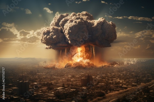 Nuclear explosion on the background of the city. Nuclear explosion of atomic bomb in a nuclear war. Radioactive disaster. Smoke and explosion in the shape of a mushroom. Apocalypse. Catastrophe.