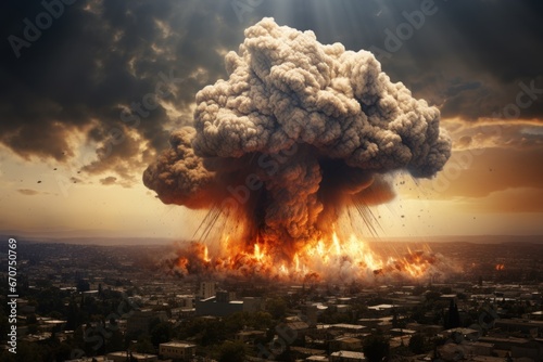 Nuclear explosion on the background of the city. Nuclear explosion of atomic bomb in a nuclear war. Radioactive disaster. Smoke and explosion in the shape of a mushroom. Apocalypse