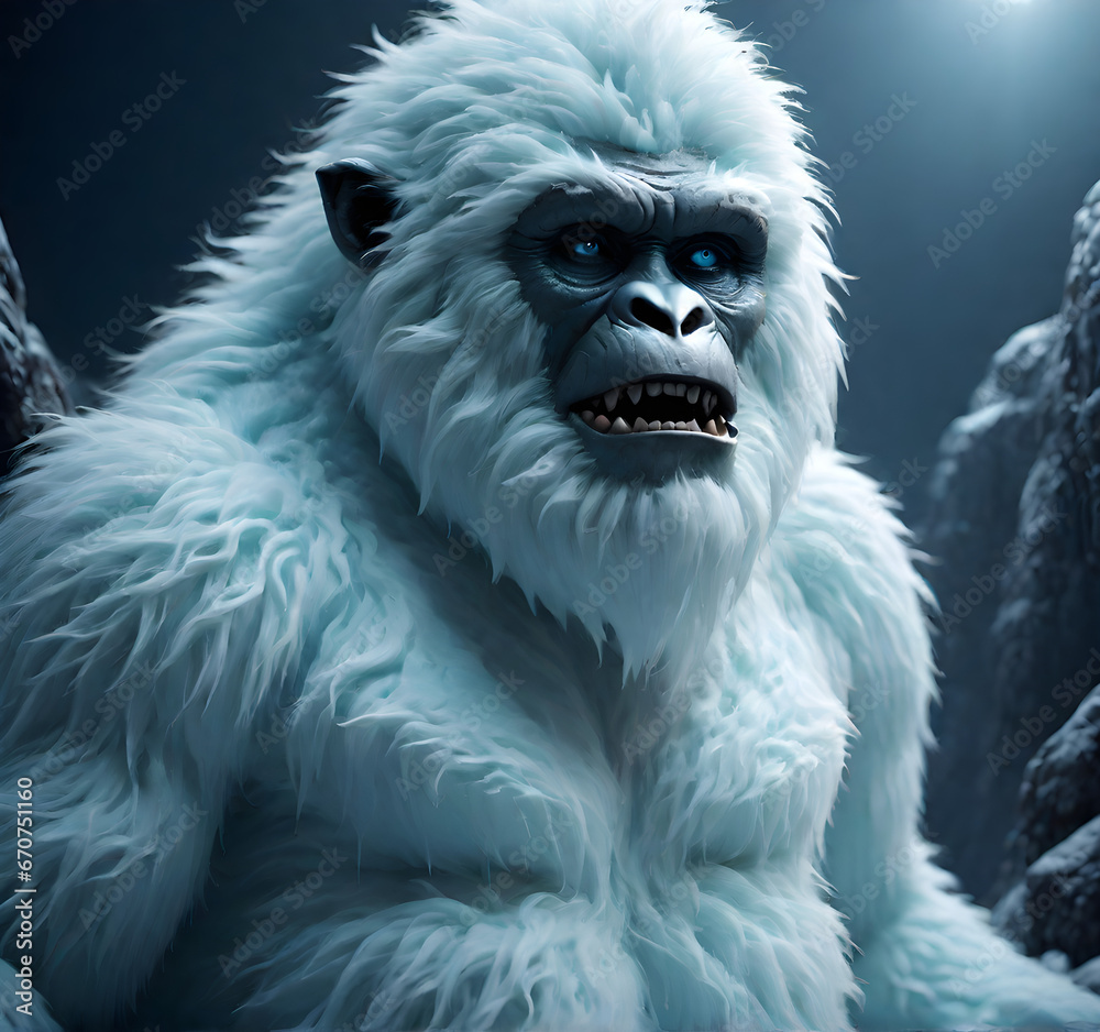 Mysterious Yeti in the Enchanted Winter Forest. generative AI