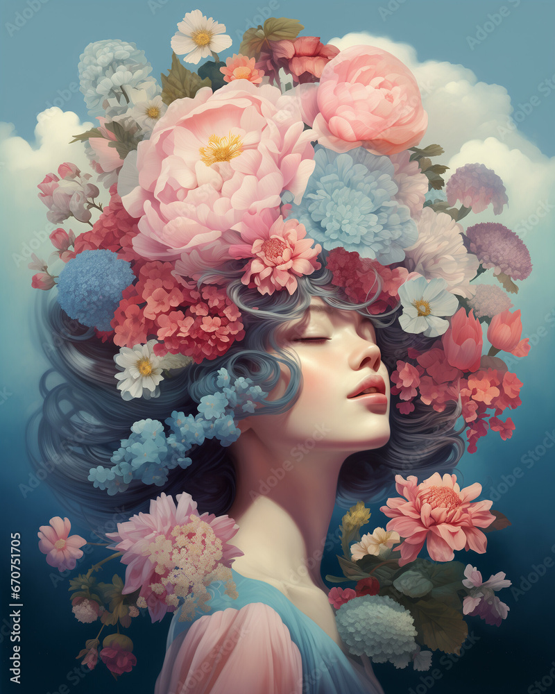 Portrait of a woman with a huge bouquet of flowers on her head. Surreal, dreamlike art style