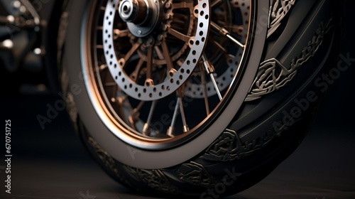 Showcase the high-resolution texture of a luxury motorcycle's tire, capturing its rich, tactile quality
