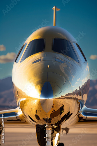 Close up of the nose cone on a chrome private jet part in the desert