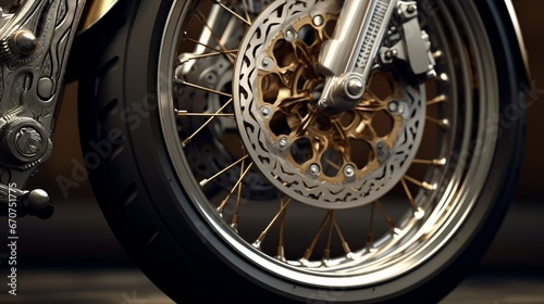 Showcase the tire of a prestigious motorcycle in fine detail, emphasizing its elegance and opulence