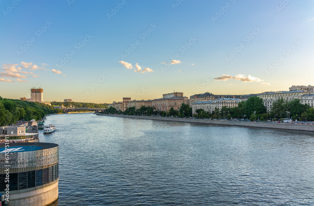 Fototapeta premium View of the Moscow river embakment near Gorky park at sunset. Moscow, Russia