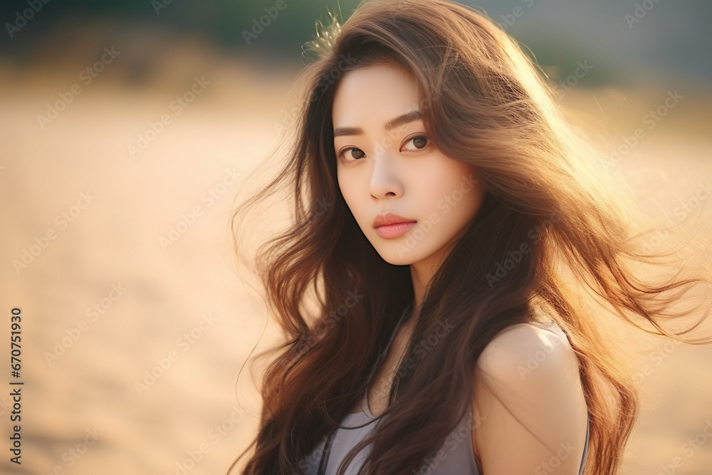 Naklejka premium Portrait of A beautiful Young asian woman with long curly hair on the sun light background. Nature background. Korean woman.