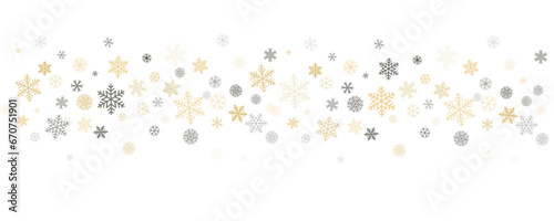 Christmas snowflakes background. Winter gold snow falling minimal decoration, greeting card. Noel subtle backdrop. Vector illustration