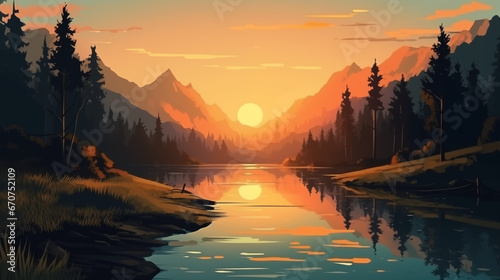 Vector art landscape with trees and lake and vivid dawn colors.