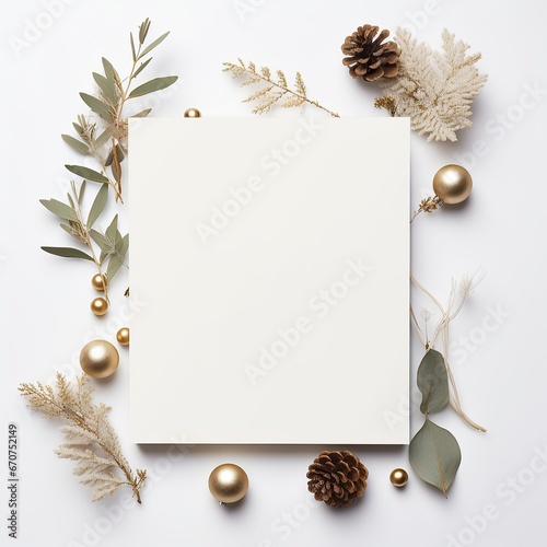 White blank paper greeting card with eco Christmas decorations, holidays festive mock up