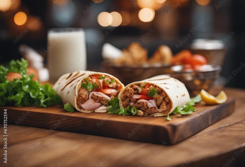 Delicious shawarma served on wooden board on the table in cafe Grilled pita wrapping chicken meat Delicious shawarma served on wooden board on the table in cafe Grilled pita wrapping chicken meat