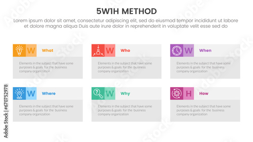 5W1H problem solving method infographic 6 point stage template with box table rectangle combination for slide presentation