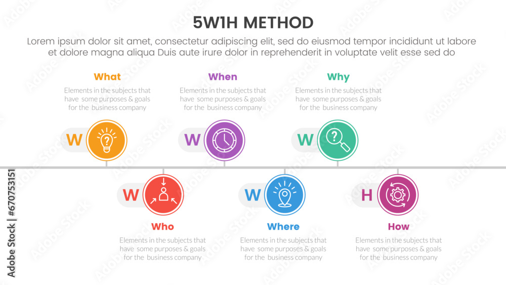 5W1H problem solving method infographic 6 point stage template with ...