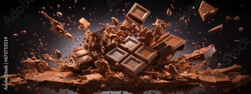 Chocolate bar piece explosion chunk candy broken isolated milk cocoa fly white background. Break bar chocolate fall air food chip snack dark piece dessert black ingredient burst parts cacao sweet. photo