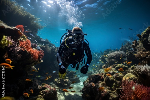 a marine biologist in a diving suit conducting research on a vibrant coral reef