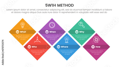 5W1H problem solving method infographic 6 point stage template with diamond shape structure horizontal direction for slide presentation