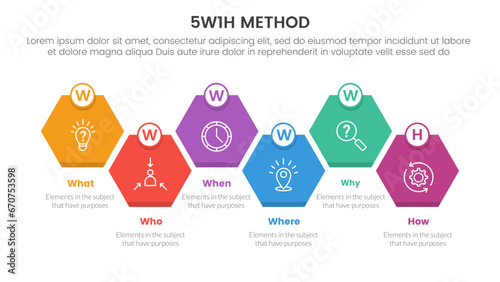 5W1H problem solving method infographic 6 point stage template with hexagon or hexagonal up and down for slide presentation