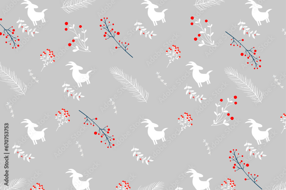 New year or winter composition. Christmas pattern with goat and frozen wild berries in winter. Xmas background for your text or wrapper, paper, banner, textile, fabric