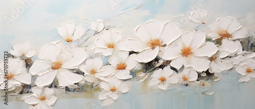 Blooming white flowers painted in thick impasto style layers of paint with visible palette knife marks and broad brush strokes  minimalist abstract spring splendor.  