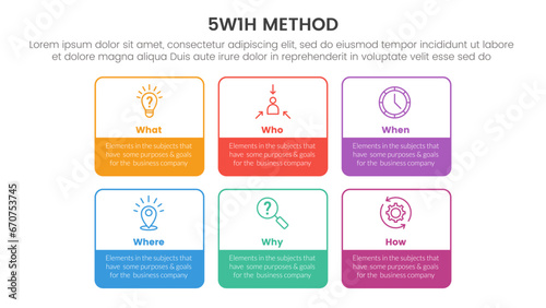 5W1H problem solving method infographic 6 point stage template with big box outline table with colorfull content for slide presentation