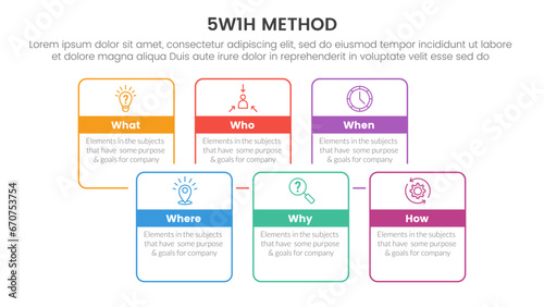 5W1H problem solving method infographic 6 point stage template with outline box with badge header for slide presentation