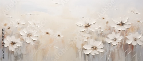 Blooming white flowers painted in thick impasto style layers of paint with visible palette knife marks and broad brush strokes, minimalist abstract spring splendor.   photo