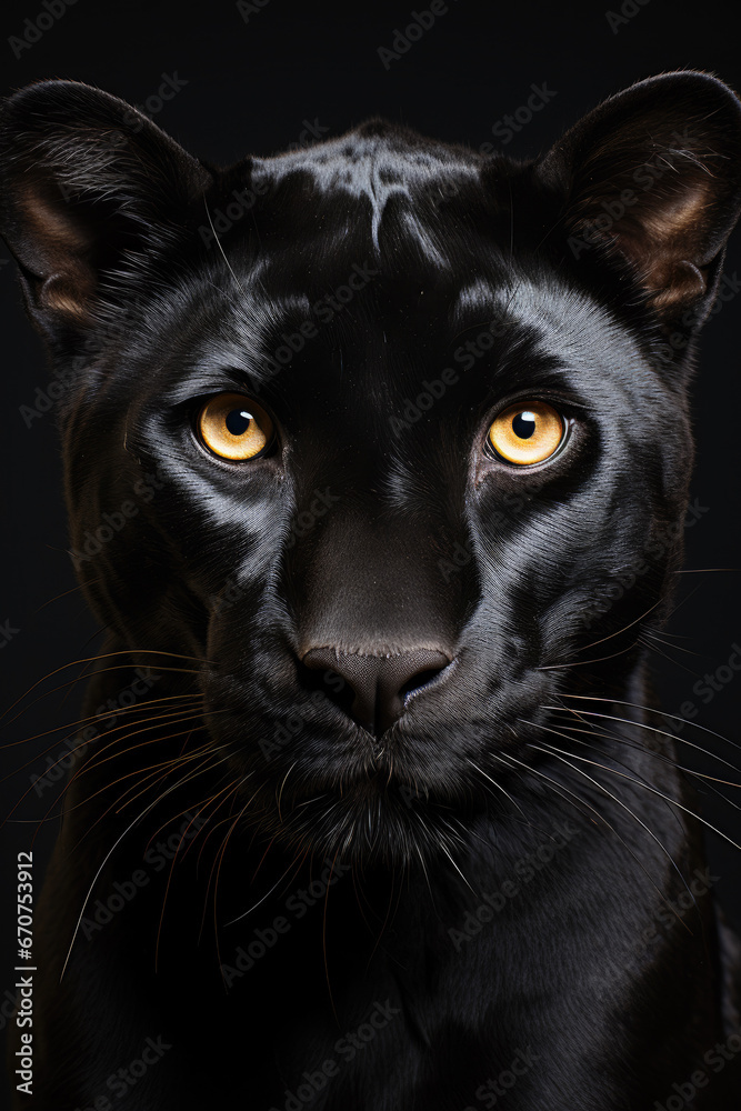 Close-up of a black panthers face and piercing orange eyes 
