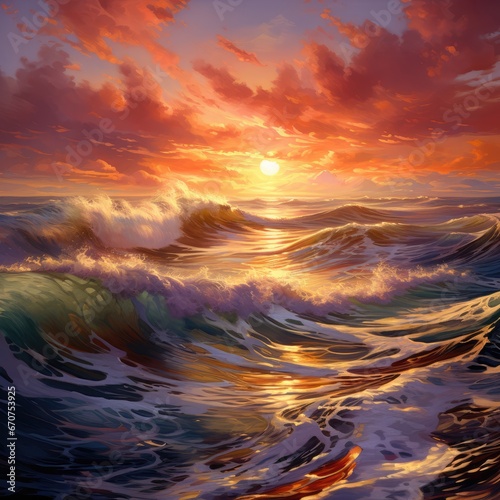 "Seaside Spectacle: The Dynamic Beauty of Blazing Skies and Crashing Waves." Generativ ai.