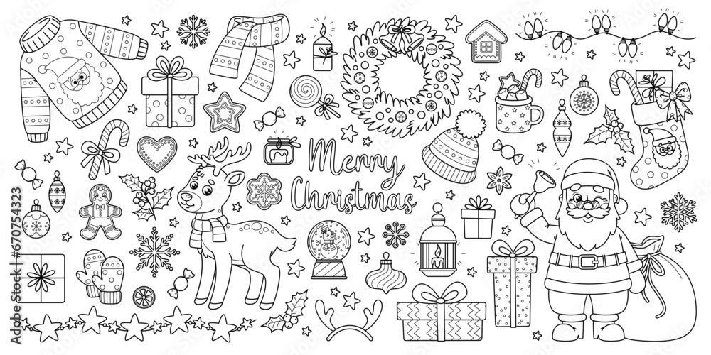 Outline set of Christmas and New Year elements for holiday design. Cute Santa, deer, Xmas decorations and other. Vector black and white contour cartoon illustrations perfect for kids coloring page.
