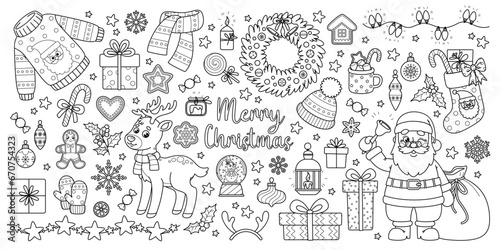 Outline set of Christmas and New Year elements for holiday design. Cute Santa, deer, Xmas decorations and other. Vector black and white contour cartoon illustrations perfect for kids coloring page.