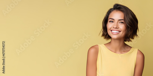 Smimilg young woman with tanned skin and short groomed hair isolated on flat yellow pastel background with copy space. Model for banner of cosmetic products, beauty salon and dentistry