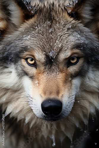 Close-up of a grey wolves face with orange eyes