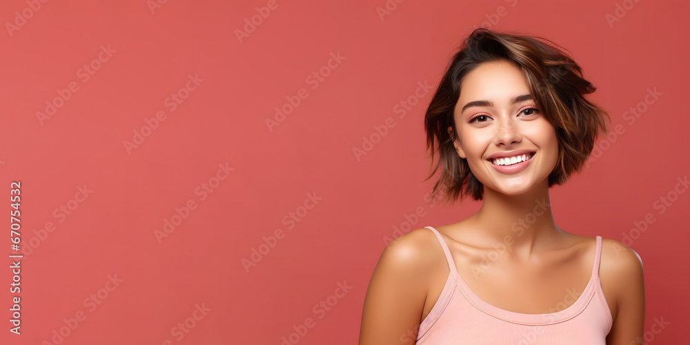 Smimilg young woman with tanned skin and short groomed hair isolated on flat red pastel background with copy space. Model for banner of cosmetic products, beauty salon and dentistry Smimilg young woman with tanned skin and short groomed hair isolated on flat red pastel background with copy space. Model for banner of cosmetic products, beauty salon and dentistry