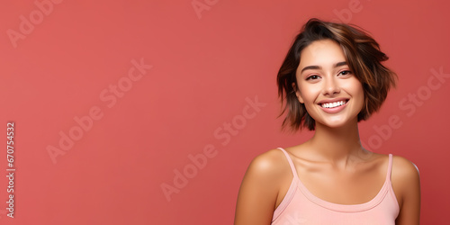 Smimilg young woman with tanned skin and short groomed hair isolated on flat red pastel background with copy space. Model for banner of cosmetic products, beauty salon and dentistry