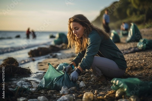 Young woman beach cleanup volunteering is process of removing solid trash, dense chemicals, and organic waste deposited on beach or shoreline by tide, local visitors or tourists